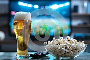 Watching football match o at home. View to glass of beer, bowl of popcorn, remote control on table in front of modern tv