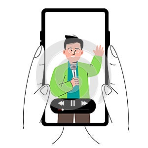 watching play video speaker presenting while holding microphone in smart phone device screen line art illustration flat