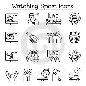 Watching sport on tv, sport broadcasting icon set in thin line style