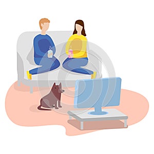 Watching TV at home. Man, woman and dog. Flat illustration