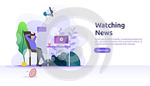watching TV daily news vector illustration concept with people character. template for web landing page, banner, presentation,