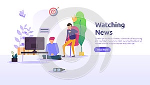 watching TV daily news vector illustration concept with people character. template for web landing page, banner, presentation,