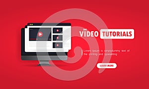 Watching video tutorials on computer illustration. Studying online at home. Online webinar, lectures, training. Vector on isolated