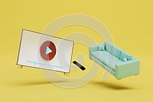 watching videos on the TV. sofa, remote control and smart TV on a yellow background. 3D render