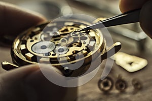 Watchmaker`s workshop, mechanical watch repair