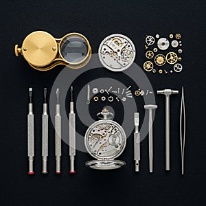 Watchmaking tools and components are arranged neatly on a dark surface