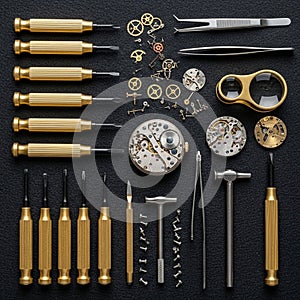 Watchmaking tools and components arranged neatly on a textured black
