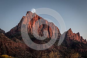 The Watchman Mountain at Sunset With a Moon at Zion National Park Utah