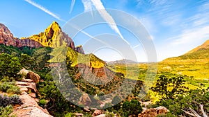 The Watchman peak in Zion National Park in Utah, USA, during an early morning hike on the Watchman Trail