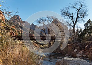 The Watchman in Zion and the Virgin River trail bridge photo