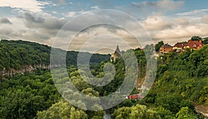 A watchtower above the canyon of the Smotrych River in Kamianets-Podilskyi, Western Ukraine.