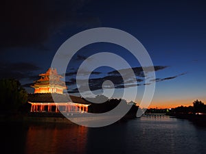 Watchtower of the forbidden city in the evening.