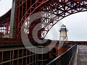 Watchtower at Fort Point, San Francisco: View on Golden Gate Bridge befogged