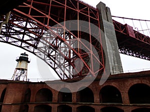Watchtower at Fort Point, San Francisco: View on Golden Gate Bridge befogged