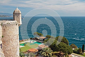 Watchtower of fortress, coast and sea. Monte Carlo, Monaco