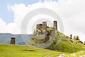 Watchtower made of shale stone. Kvemo Upper Omalo in Georgian Caucasus in Tusheti region photo