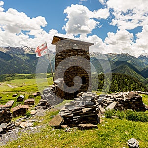 Watchtower made of shale stone. Kvemo Upper Omalo in Georgian Caucasus in Tusheti region photo
