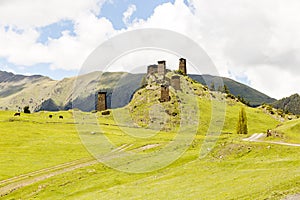 Watchtower made of shale stone. Kvemo Upper Omalo in Georgian Caucasus in Tusheti region photo