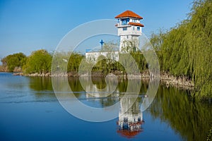 Watchtower with reflections on Comana lake