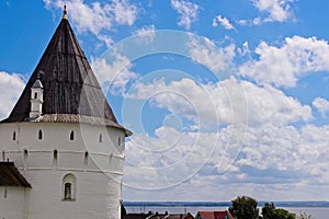 Watchtower of the Rostov Kremlin and view of the lake.