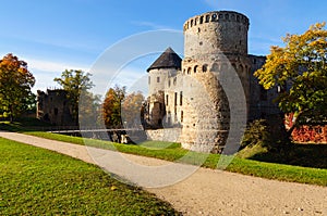 Watchtower and surrounding wall of castle ruins in Cesis town, Latvia