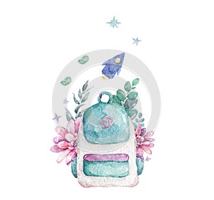 Watecolor backpack with pink flowers and green leaves, rocket. illustration isolated on white. Rucksack, knapsack, haversack,