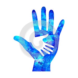 Watecolor logo illustration. Symbol of Charity. Sign hand isolated on white background.Blue Icon company, web, card