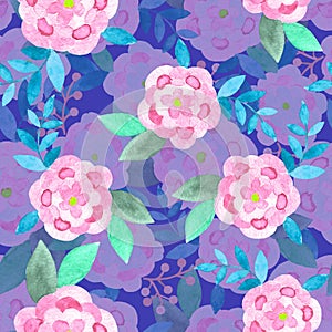 Watecolor seamless pattern made of cute bright pink flowers in dark blue background, wrapping paper and fabric pattern.