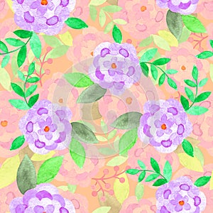 Watecolor seamless pattern made of cute bright pink flowers in pale orange background, wrapping paper and fabric pattern.