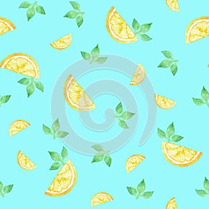 Watecolor seamless pattern made of cute lemon slices in a blue background