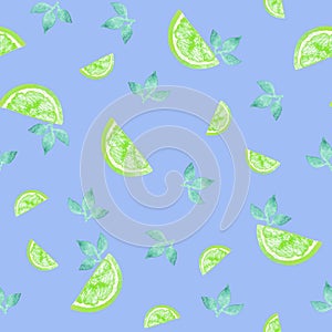 Watecolor seamless pattern made of cute lemon slices in a violet background