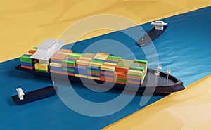 Water accident with cargo ship on the Suez canal, 3d illustration or 3d rendering photo