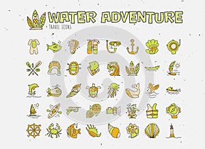 Water adventure vector hand draw icon set. Diving, rafting, kayaking and surfing icons in cartooning doodle style
