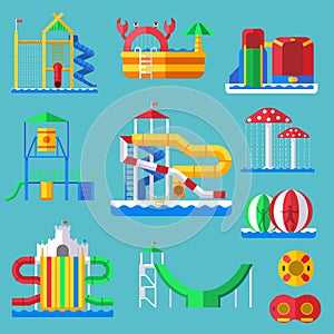 Water amusement aquapark playground with slides and splash pads for family fun vector illustration.