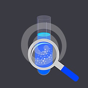 Water analysis icon. Zooming in on a test tube with water. Molecules in water. Chemical and microbiological analysis of drinking