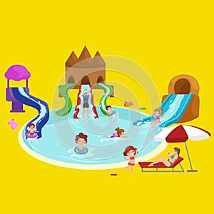 Water aquapark playground with slides and splash pads for family fun vector illustration.