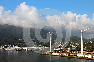 Water area of port and wind generators. Victoria, Mahe, Seychelles