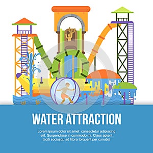 Water attraction or aquapark for kids with different water slides, hills tubes and pools vector illustration. Blue and