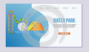 Water attraction or aquapark for kids with different water slides, hills tubes and pools vector web template. Blue and