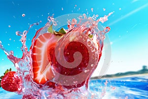 water background blue red freshness fresh splash strawberry food healthy fruit. Generative AI.