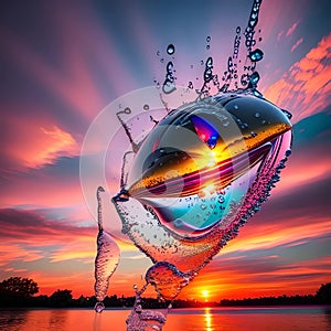 A water balloon bursting against a sunset sky, generated by AI.