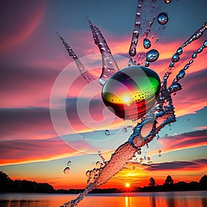 A water balloon bursting against a sunset sky, generated by AI.