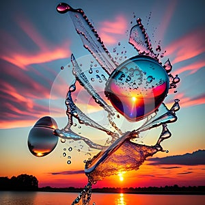 A water balloon bursting against a sunset sky, generated by AI.