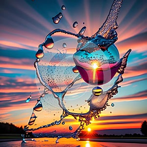 A water balloon bursting against a sunset sky, generated by AI.