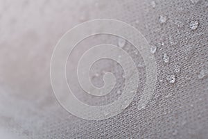 water beading on fabric. Waterproof coating background with water drops. soft focus, blur