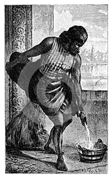 Water Bearer from Bengal. India or Bangladesh. History and Culture of Asia. Antique Vintage Illustration. 19th Century