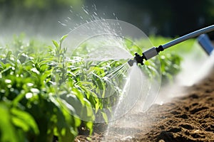 water being sprayed from a drip emitter onto tomato plants