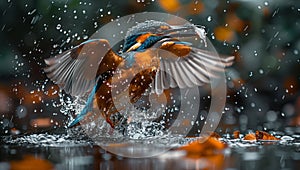 A water bird with a fish in its beak flies over a body of water