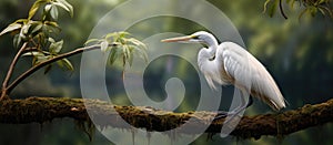 A water bird with a long beak perched on a tree branch in a natural landscape