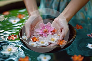 Water bloom Female hand delicately holds a flower in water